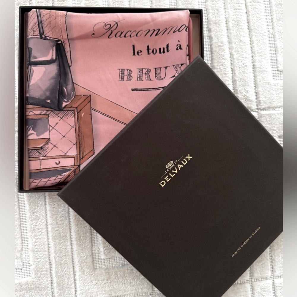 New in box!  Delvaux Pink Silk Scarf with Vintage Luggage Print NWOT